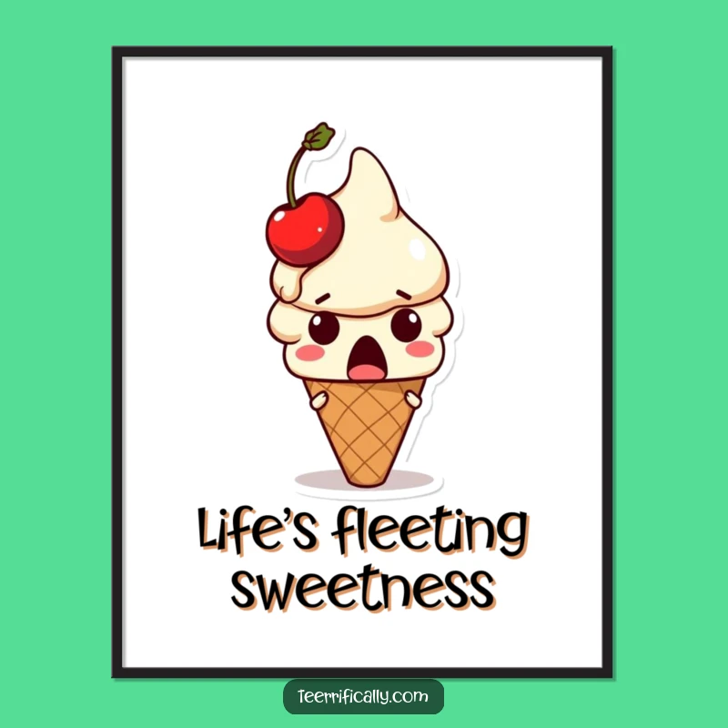 Funny Melting Ice Cream Cone Poster: Hilarious Dessert Art Print for a Cheerful Room