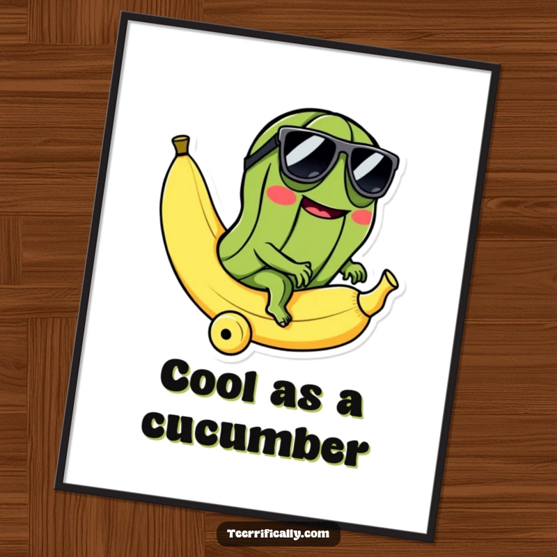 Funny poster depicting a mischievous pickle in sunglasses riding a rolling banana, creating a scene of absurd, cool humor.