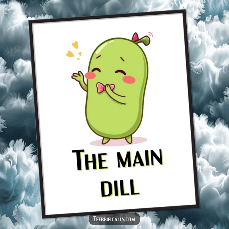 Funny poster print of a sentient pickle performing a dramatic, theatrical bow with flourish, adding comedic wall art.