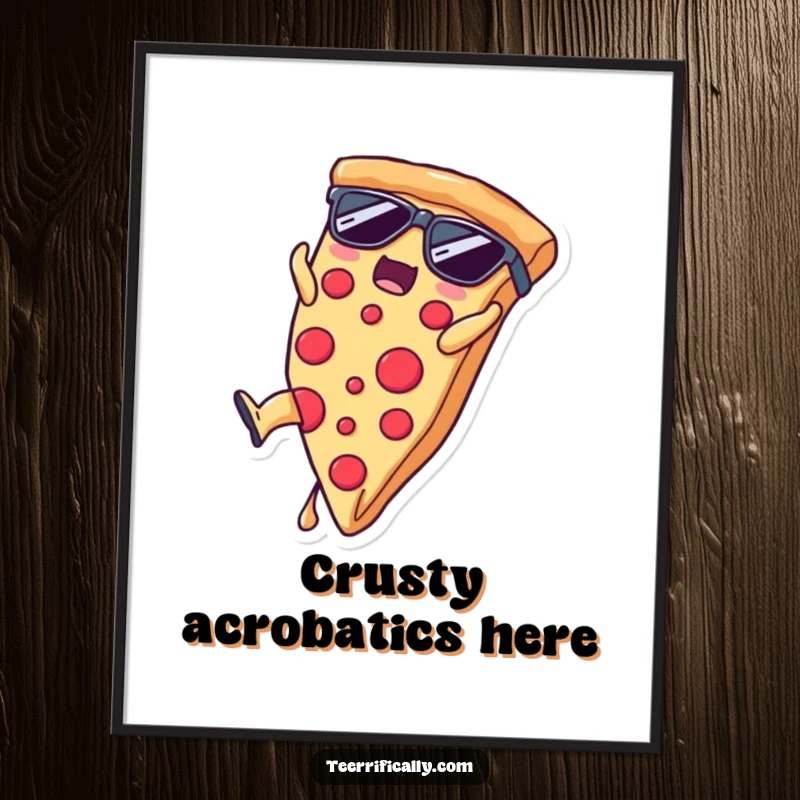 Funny pizza slice wearing sunglasses doing a somersault, cool wall art for a funny gift.