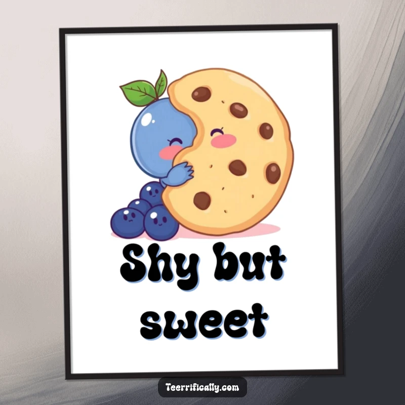 Funny poster print of a shy blueberry blushing behind a large cookie, showcasing endearing shyness.