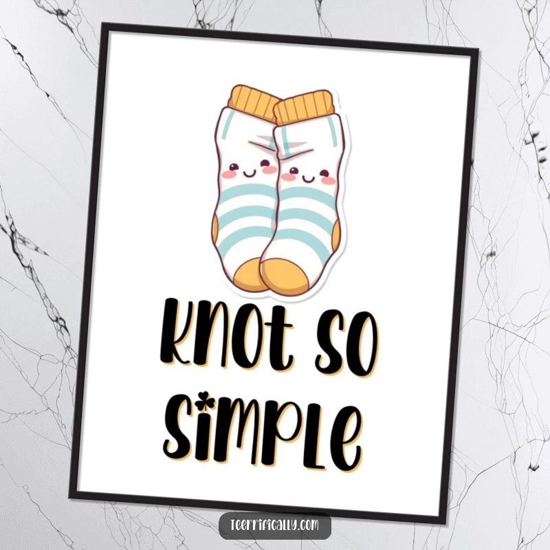 Funny Poster of playful sock characters joyfully tangled in a knot, perfect for adding humorous wall decor.