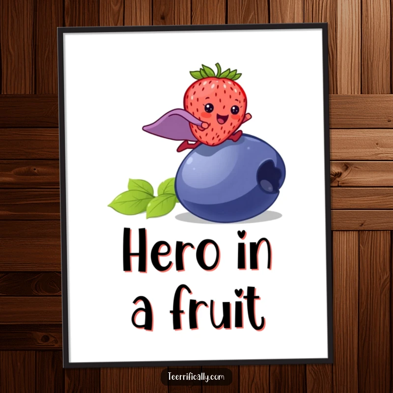 Funny strawberry superhero poster, a happy strawberry wearing a cape leaping over a blueberry, colorful and heroic wall art.