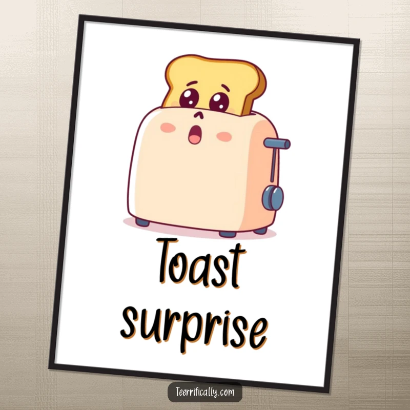 Funny cartoon toast popping out of a toaster, wide-eyed with shock and delight, humorous wall art, breakfast-themed decor.