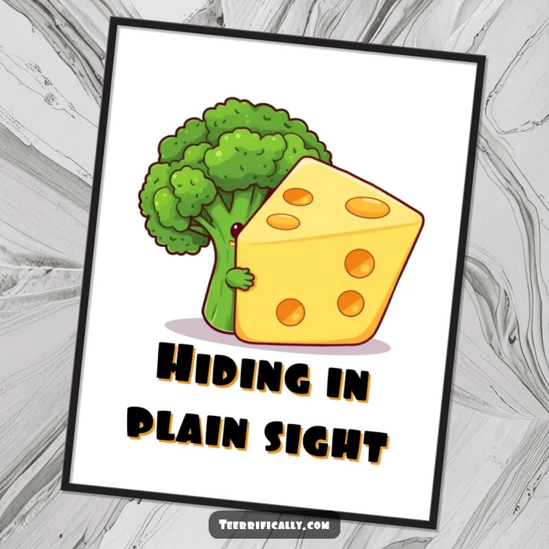Funny poster of a shy broccoli floret humorously hiding behind a giant, grinning cheese slice, a whimsical and amusing food depiction.