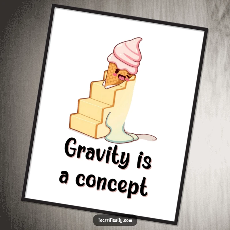Funny poster showcasing a melting ice cream cone comically sliding down a staircase built entirely of toast.