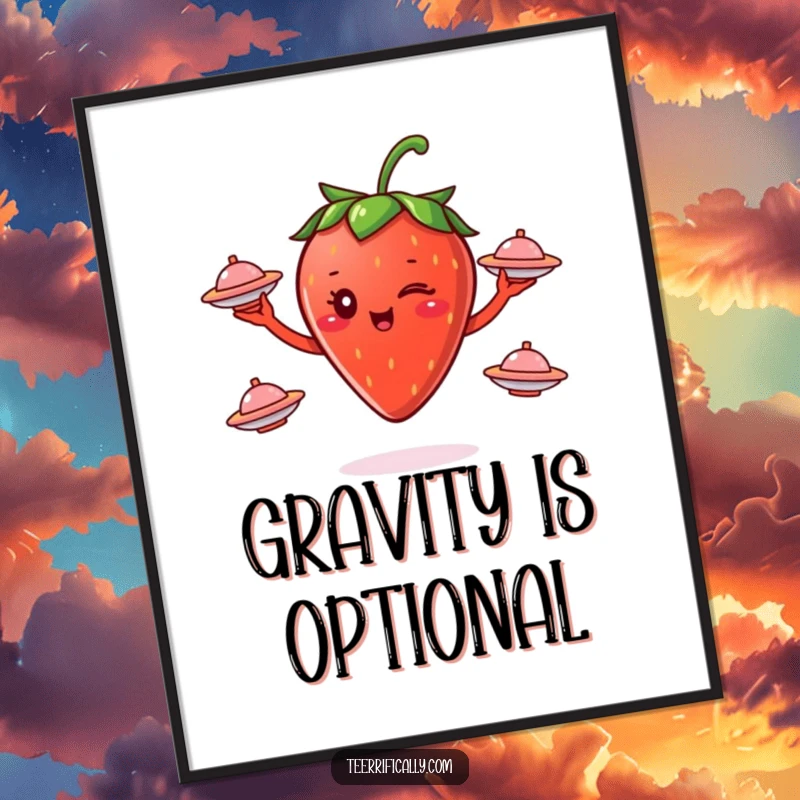 Funny winking strawberry juggling small flying saucers, presented as humorous cosmic wall art on a poster.