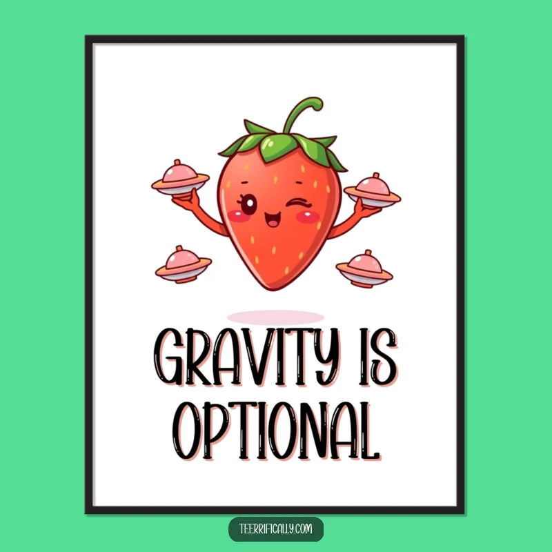 Funny Strawberry Juggling Saucers Poster - Cosmic Wall Art Gift