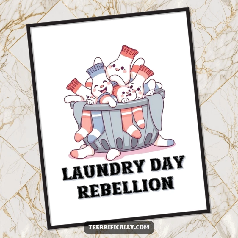 Funny poster of a giggling pile of socks hilariously attempting to escape a laundry basket, a humorous depiction of sock freedom.