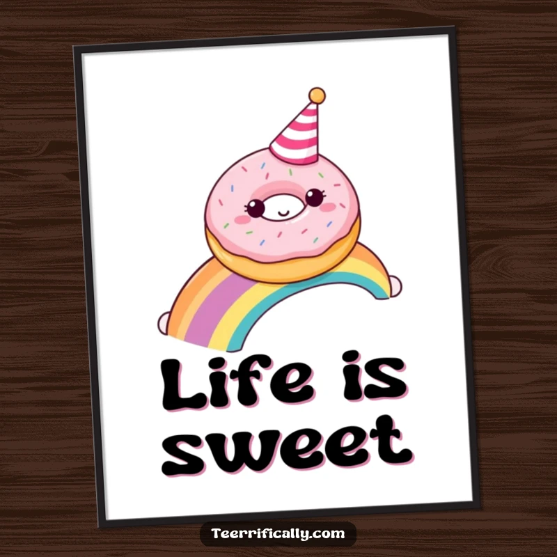 A plump, smiling donut wearing a party hat slides down a bright rainbow, depicted as a fun wall poster.