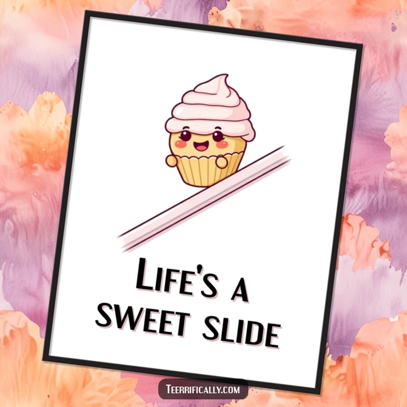 Funny cupcake banister poster, whimsical wall art depicting a small cupcake with eyebrows sliding down a railing with glee.
