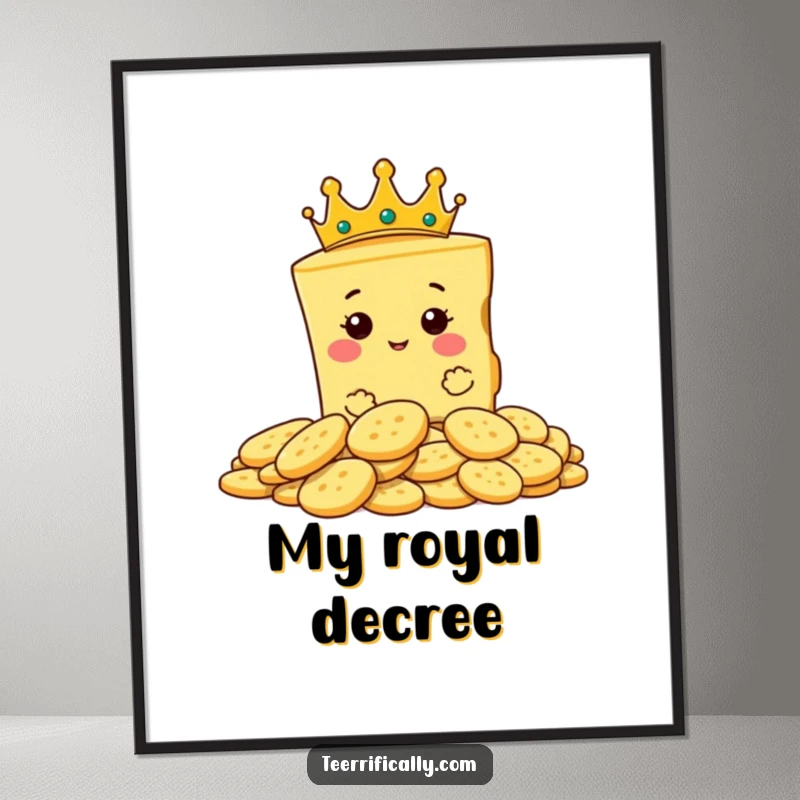 Funny poster featuring a proud slice of cheese wearing a tiny crown, regally surveying a pile of crackers.
