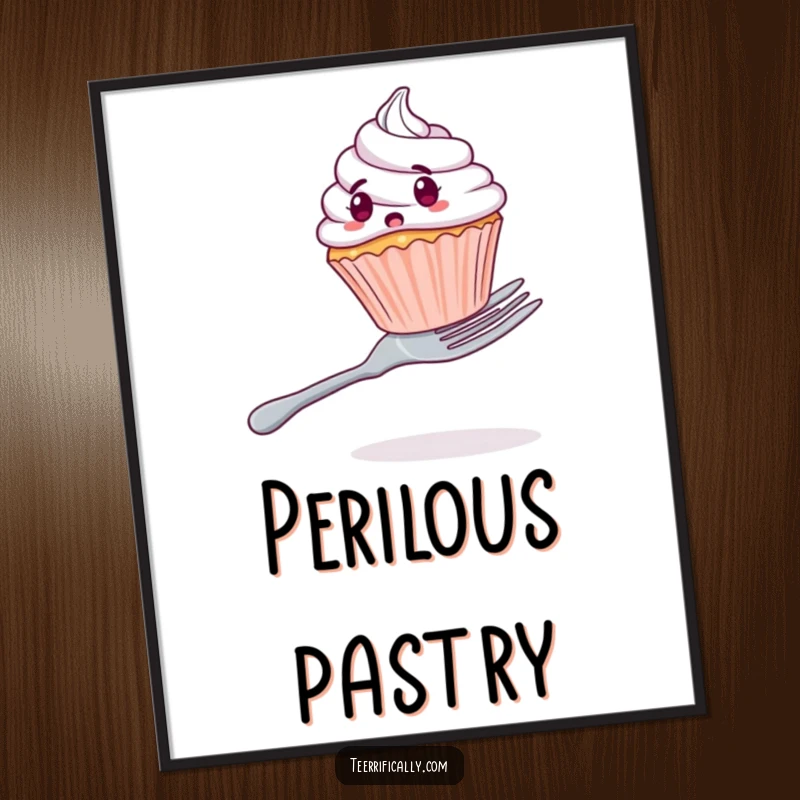 Funny poster art of a shocked cupcake attempting to balance on a giant fork, adding a humorous touch to decor.