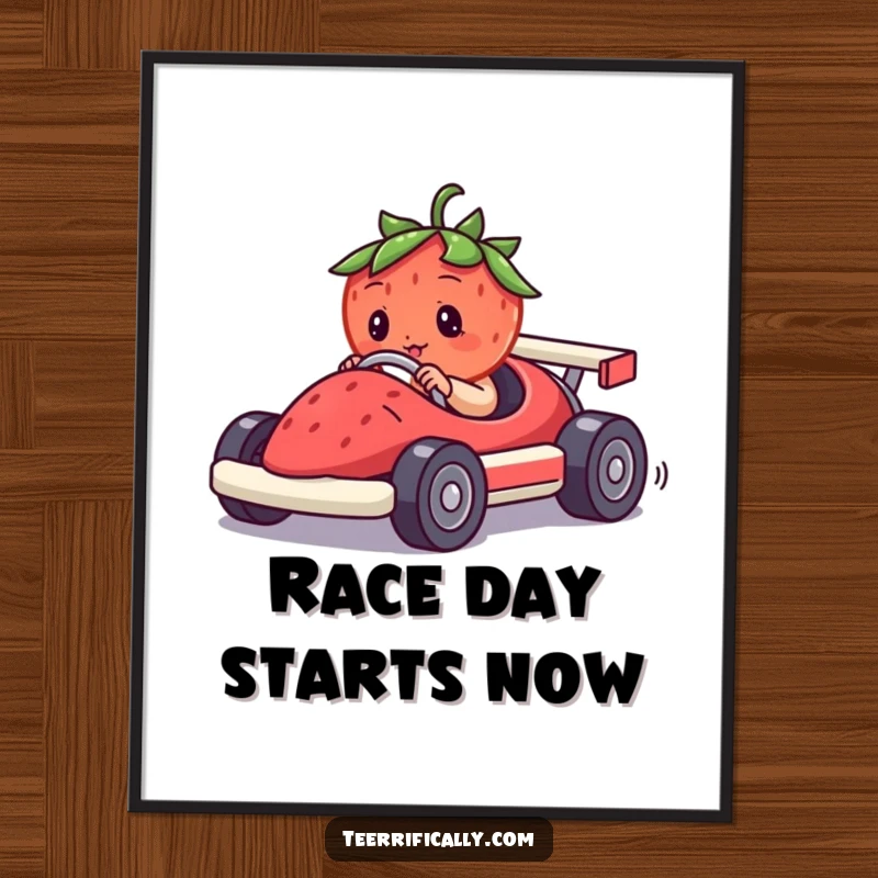 Funny poster print of a determined strawberry driving a small race car made from a berry, capturing a moment of hilarious speed.