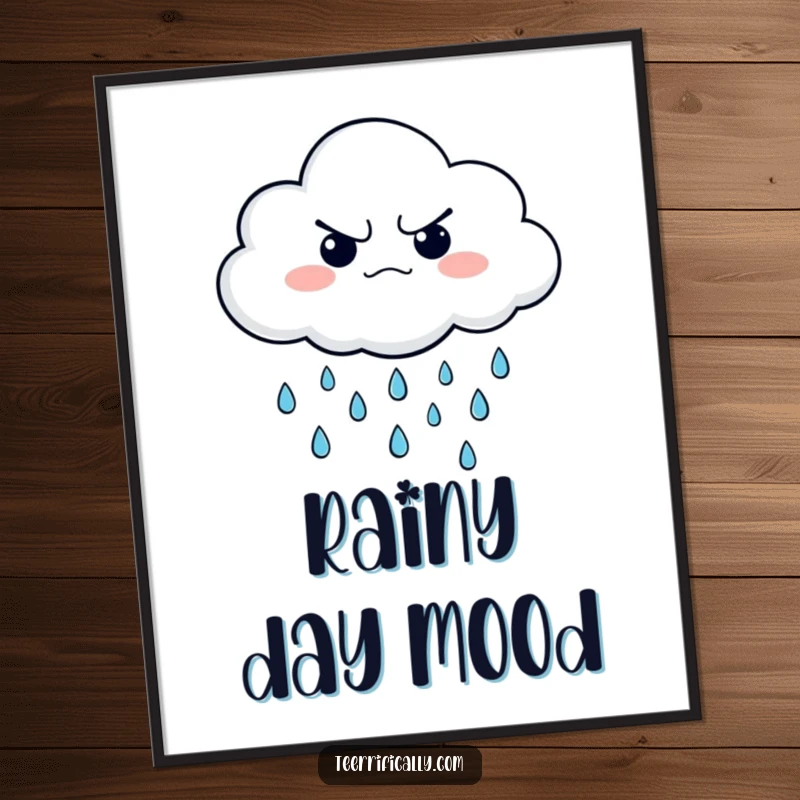 Funny poster depicting a grumpy cloud character raining a cascade of cheerful, happy little raindrops, artistically humorous.