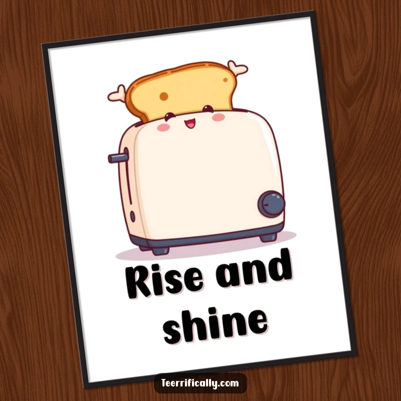 Funny poster art of a piece of toast with ears excitedly jumping from a toaster, perfect for kitchen decor.