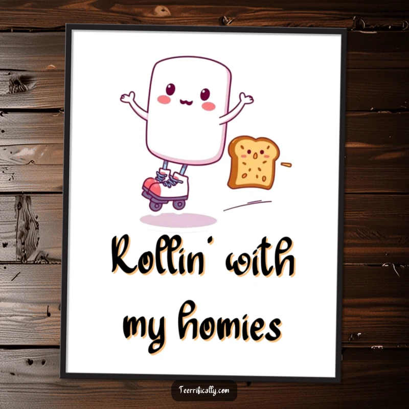 Funny poster artwork of a marshmallow wearing roller skates, captured mid-flight zipping past a surprised slice of toast, conveying energetic silliness.