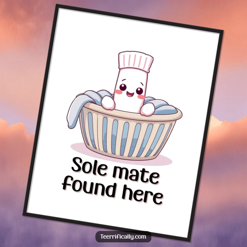 Funny Poster depicting a very pleased sock discovering its long-lost mate in a laundry basket, symbolizing joy and the perfect match.