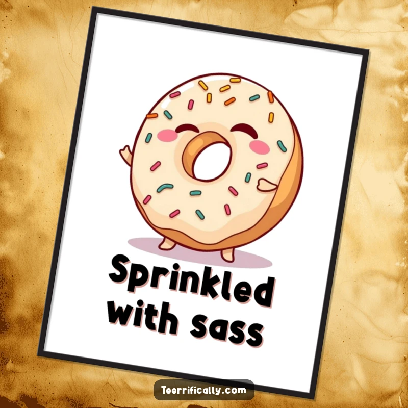 Funny Poster of a winking donut adorned with sprinkles, enthusiastically doing a playful shimmy, adding cheer to any room.