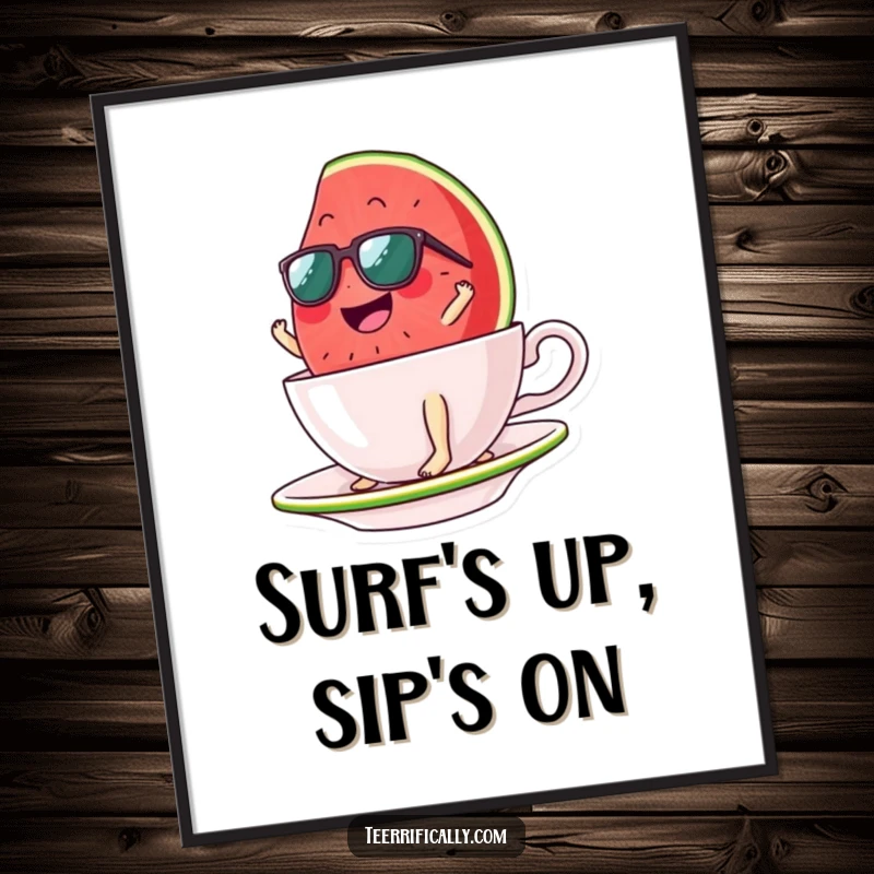Funny watermelon slice poster, sunglasses adorning its face, surfing a gigantic teacup with glee. Whimsical summer art.