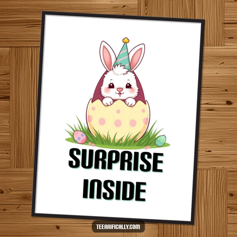 Funny poster illustrating a fluffy bunny wearing a party hat, peeking out from a large, decorated Easter egg, radiating festive warmth.
