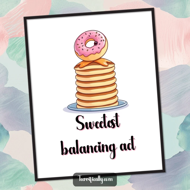 Funny donut pancake poster, a curious donut balancing precariously on pancakes, whimsical and delicious wall art.