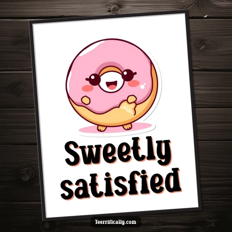 Funny proud donut poster featuring a giggling donut character with a bite taken out, looking happily proud, bringing humor to any space.