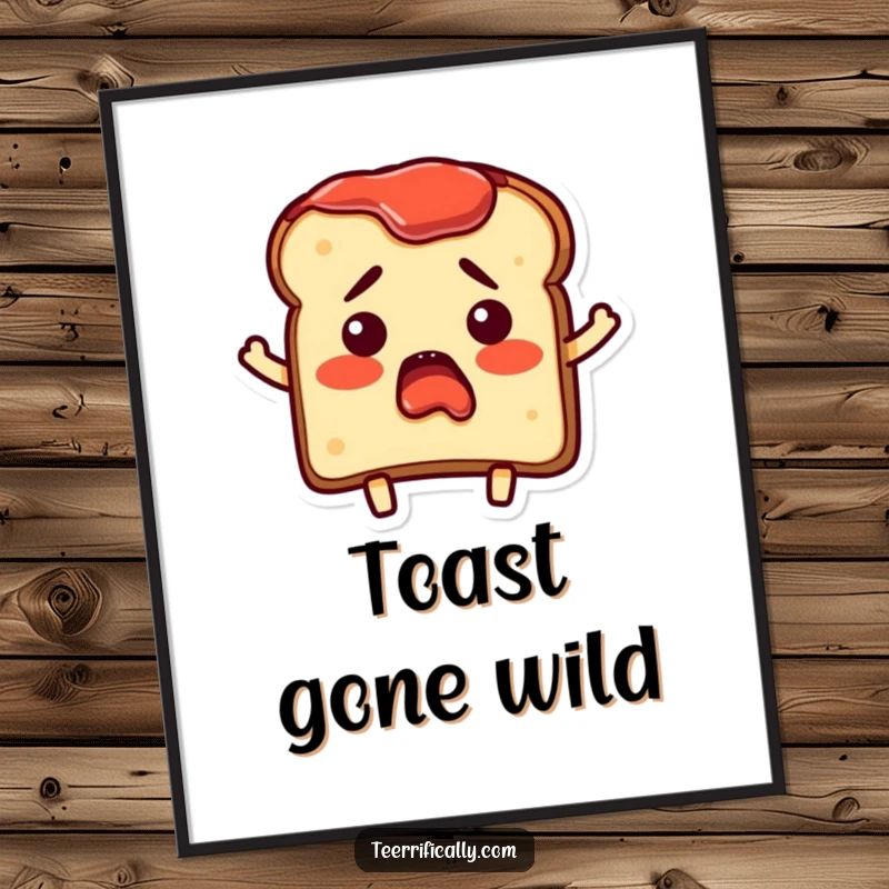 Funny Poster of a bewildered toast character with jam on its edges, capturing a moment of comical breakfast surprise.