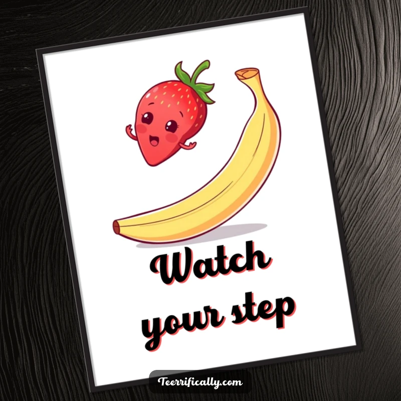 Funny strawberry balancing poster, on a banana peel with a surprised grin, capturing a moment of comical instability.
