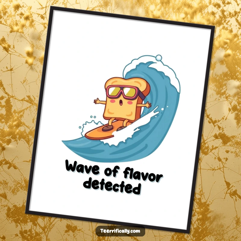 Funny toast with goggles, surfing a giant marmalade wave, featured on a poster, adding humorous breakfast adventure to any space.