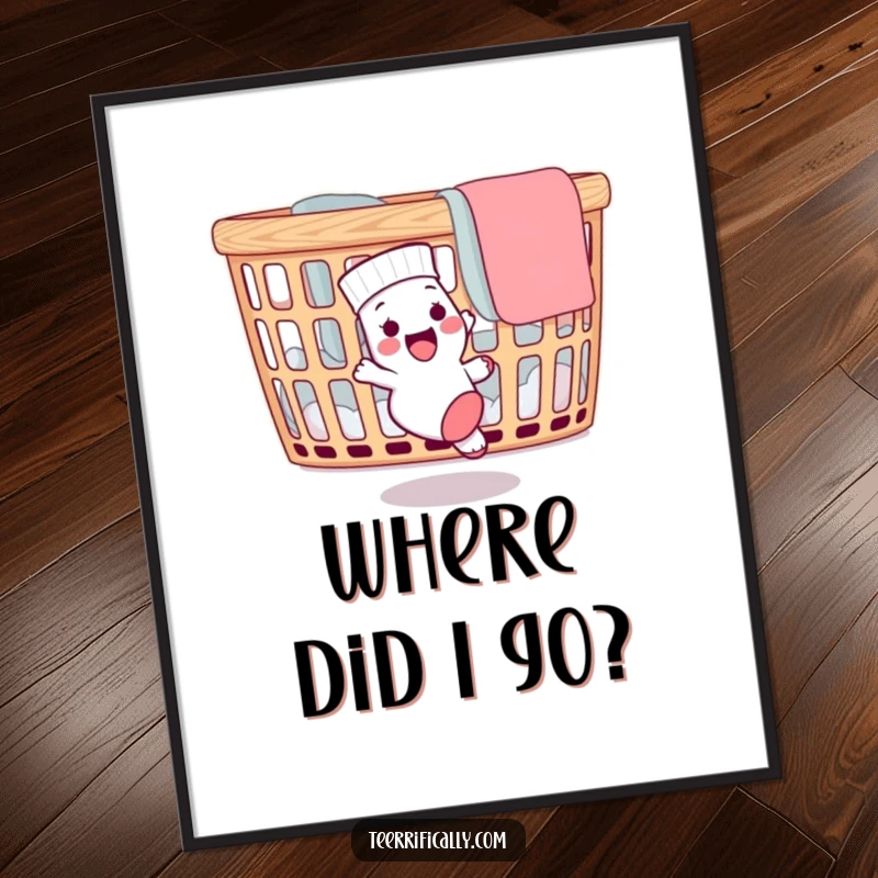 Funny poster art of a delighted sock chasing its runaway mate around a laundry basket, capturing a humorous and relatable domestic scene.