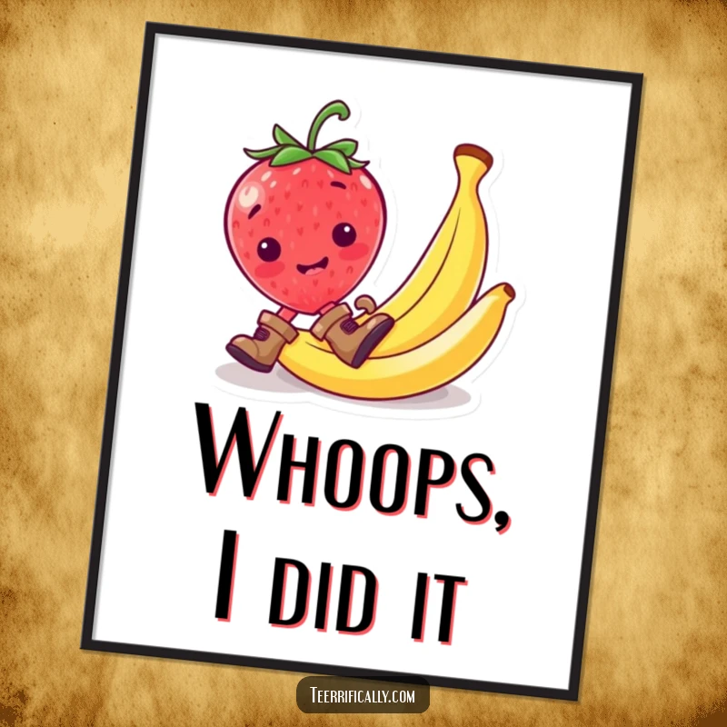 Funny strawberry in tiny boots sliding on a banana peel, displayed as humorous wall art.