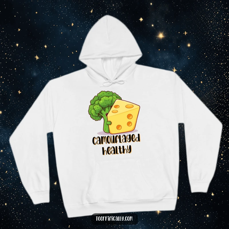 Funny hoodie featuring a shy broccoli floret comically hiding behind a large, grinning cheese slice, a humorous take on food pairings.
