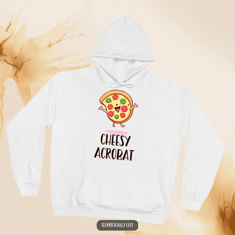 Funny Hoodie depicting a smiling pizza slice in mid-cartwheel, radiating cheesy happiness and energetic fun.