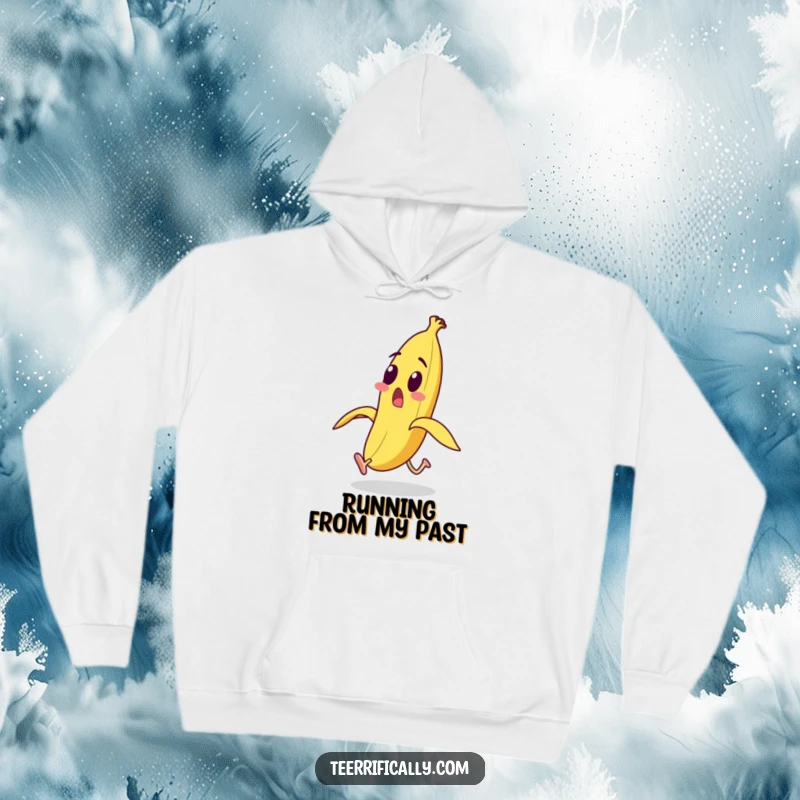 Funny surprised banana with legs running from its peel on a hoodie, showing humorous panic and comfy escape.