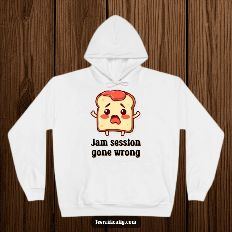 Funny Hoodie showcasing a bewildered toast character with jam on its edges, perfect for cozy breakfast humor.
