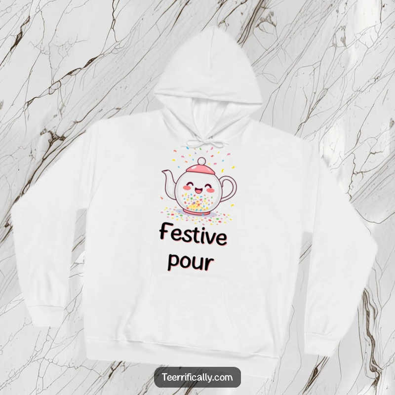 Funny hoodie featuring a happy teapot gaily pouring colorful confetti instead of tea, embodying pure celebratory spirit.