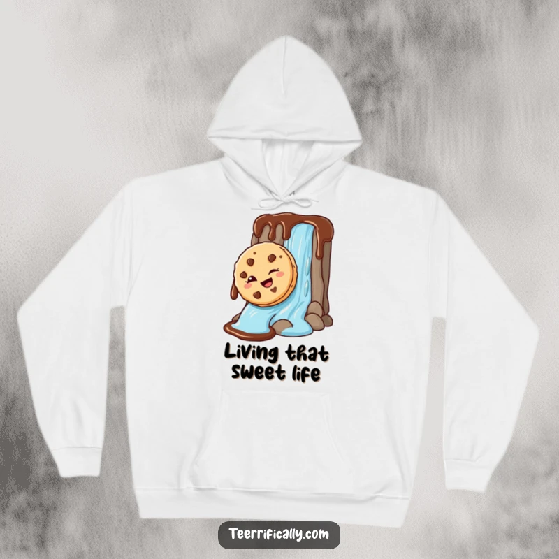 Funny Hoodie featuring a mischievous cookie winking while sliding down a chocolate waterfall, offering warmth and delightful humor.