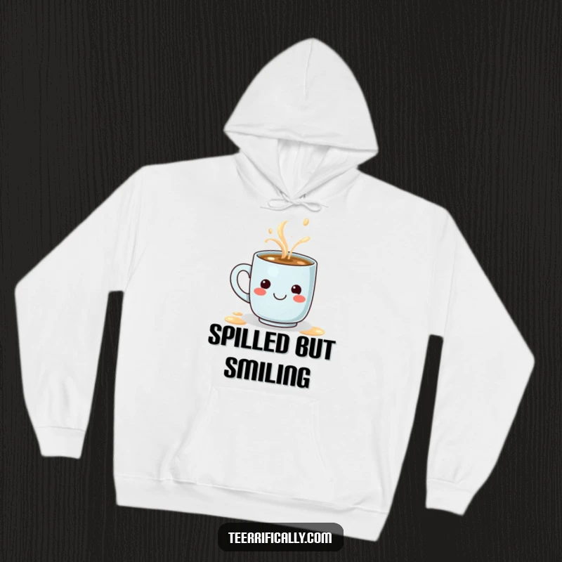 Funny hoodie featuring a tiny determined coffee mug spilling a steaming latte that creates a smiley face, perfect for cozy humor.