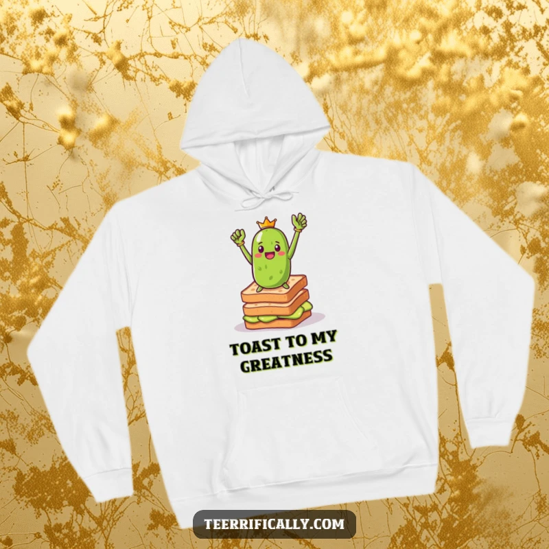 Funny pickle toast hero hoodie showing a victorious pickle striking a heroic pose on a toast stack, symbolizing strength and breakfast bravado.