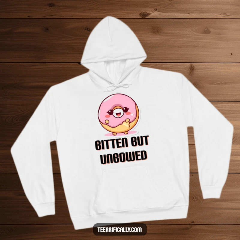 Funny proud donut hoodie, a giggling donut character with one bite taken, looking happy and proud, perfect for humor lovers.