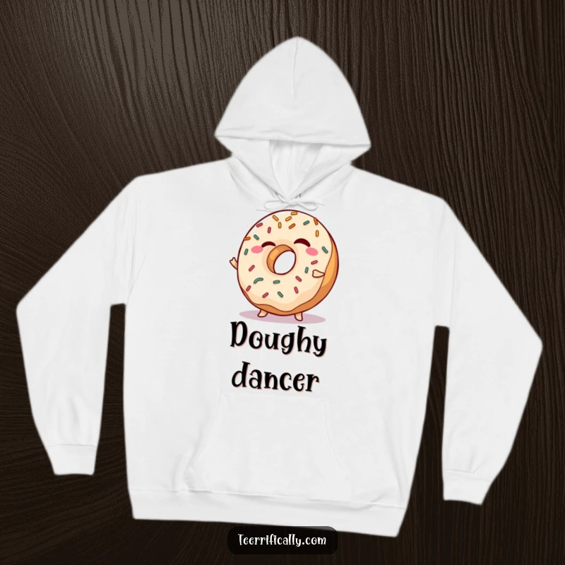 Funny Hoodie depicting a winking donut with sprinkles energetically shimmying, exuding playful and sweet vibes.