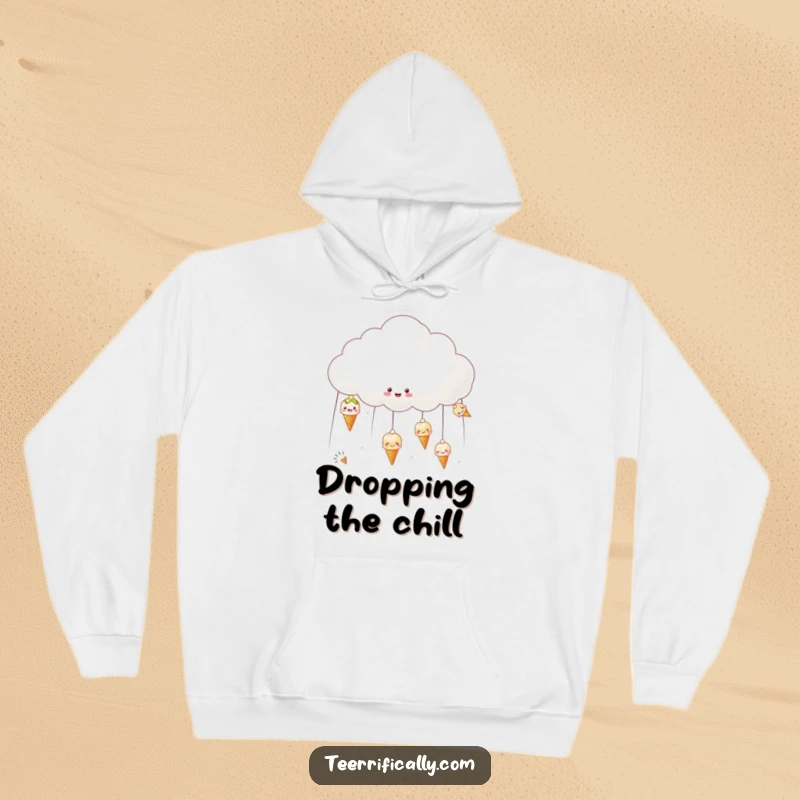 Funny hoodie showcasing a fluffy cloud raining happy, small ice creams, offering cozy and cheerful vibes.