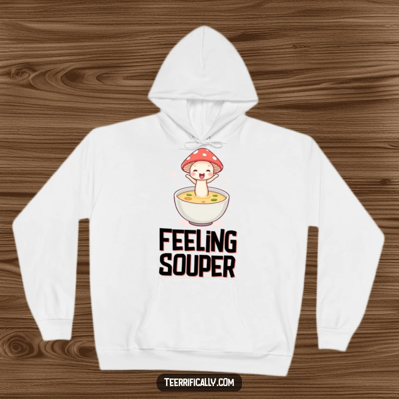 Funny mushroom soup hoodie, wearing a hat and jumping into soup, conveying warmth and whimsical happiness.