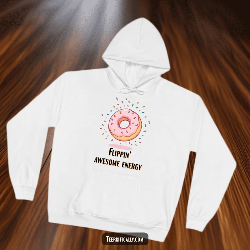 Funny Hoodie featuring a bouncy donut doing a somersault with sprinkles flying, providing warmth and a cheerful, humorous vibe.