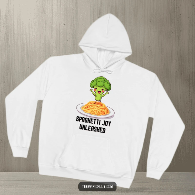 Funny hoodie with a happy broccoli floret dancing on a plate of spaghetti.