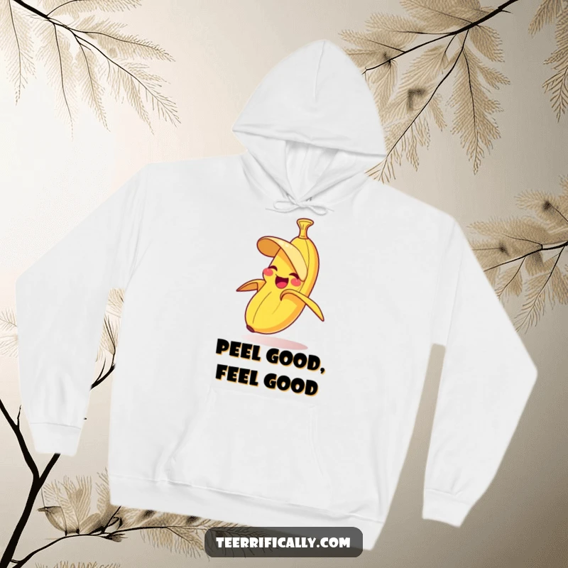 Funny hoodie depicting a joyful banana comically peeling its own skin with a look of pure delight.