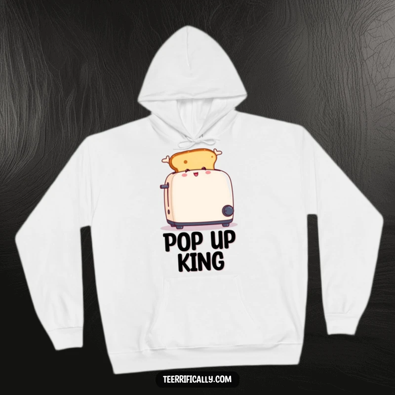 Funny hoodie featuring a piece of toast with ears excitedly jumping from a toaster, cozy and humorous.