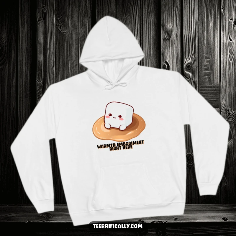 Funny Marshmallow Hoodie: A fluffy marshmallow drifts peacefully on a steaming cup of hot cocoa, symbolizing ultimate coziness and warmth.