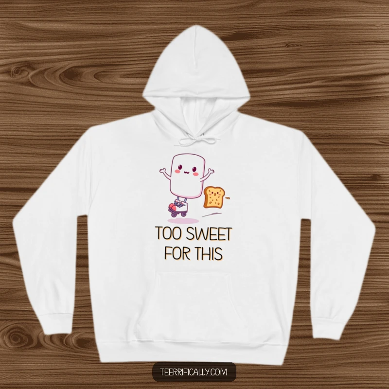 Funny hoodie illustrating a marshmallow athlete on roller skates, exhilaratingly zipping past a bewildered slice of toast, a scene of breakfast pandemonium.